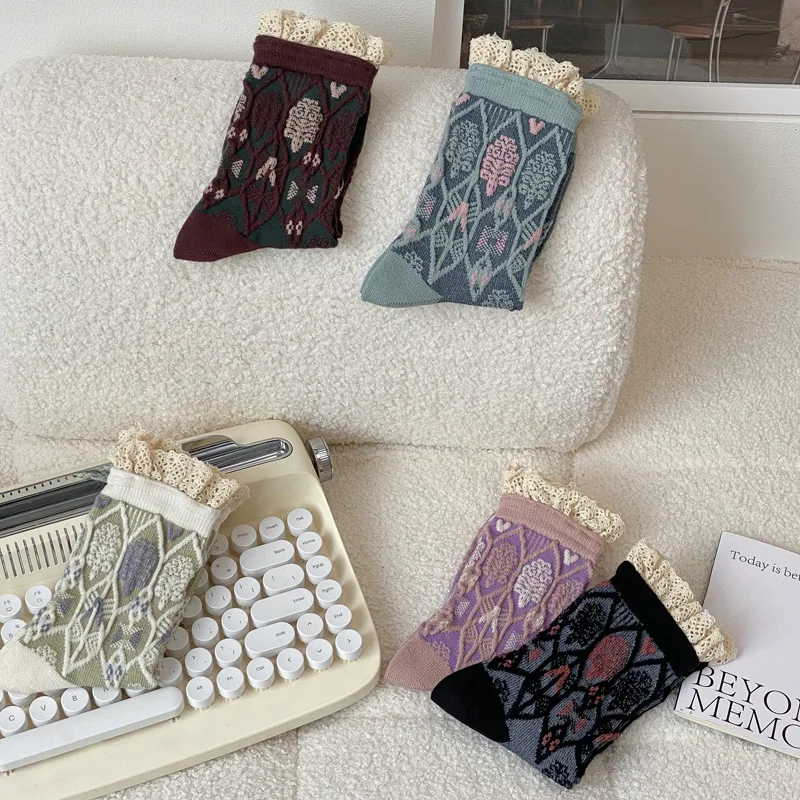 5 Pair Korean Style Women Socks Cotton Harajuku Ladies Winter Socks Set Kawaii Flower Print Fashion Streetwear Cute High Quality