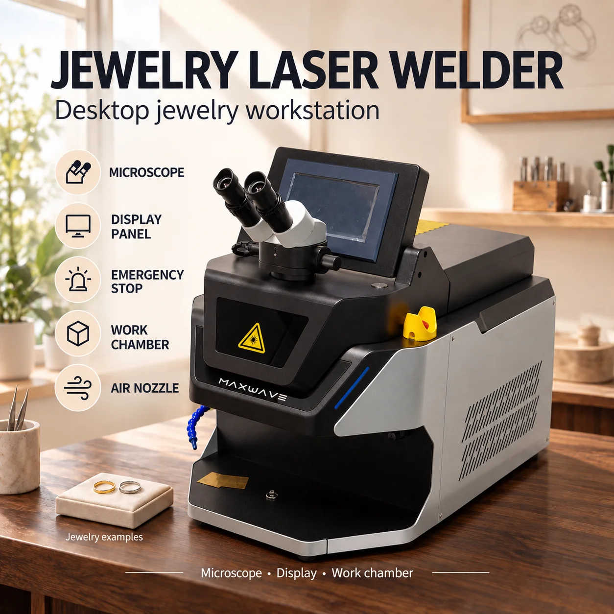 Jewelry Laser Welding Machine with Binocular Microscope, Rear Display and Flexible Air Nozzle for Desktop Jewelry Repair