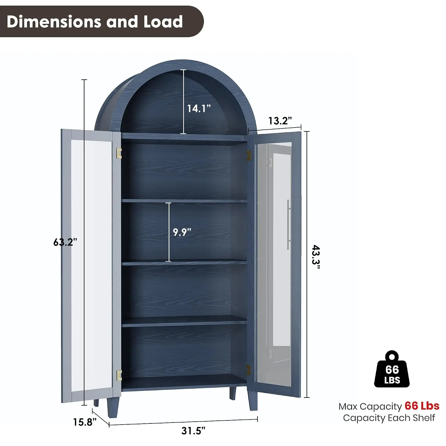 Arched Kitchen Pantry Cabinet 5 Tier Adjustable Shelf Glass Door Storage Cupboard for Kitchen Dining Living Room, Customized