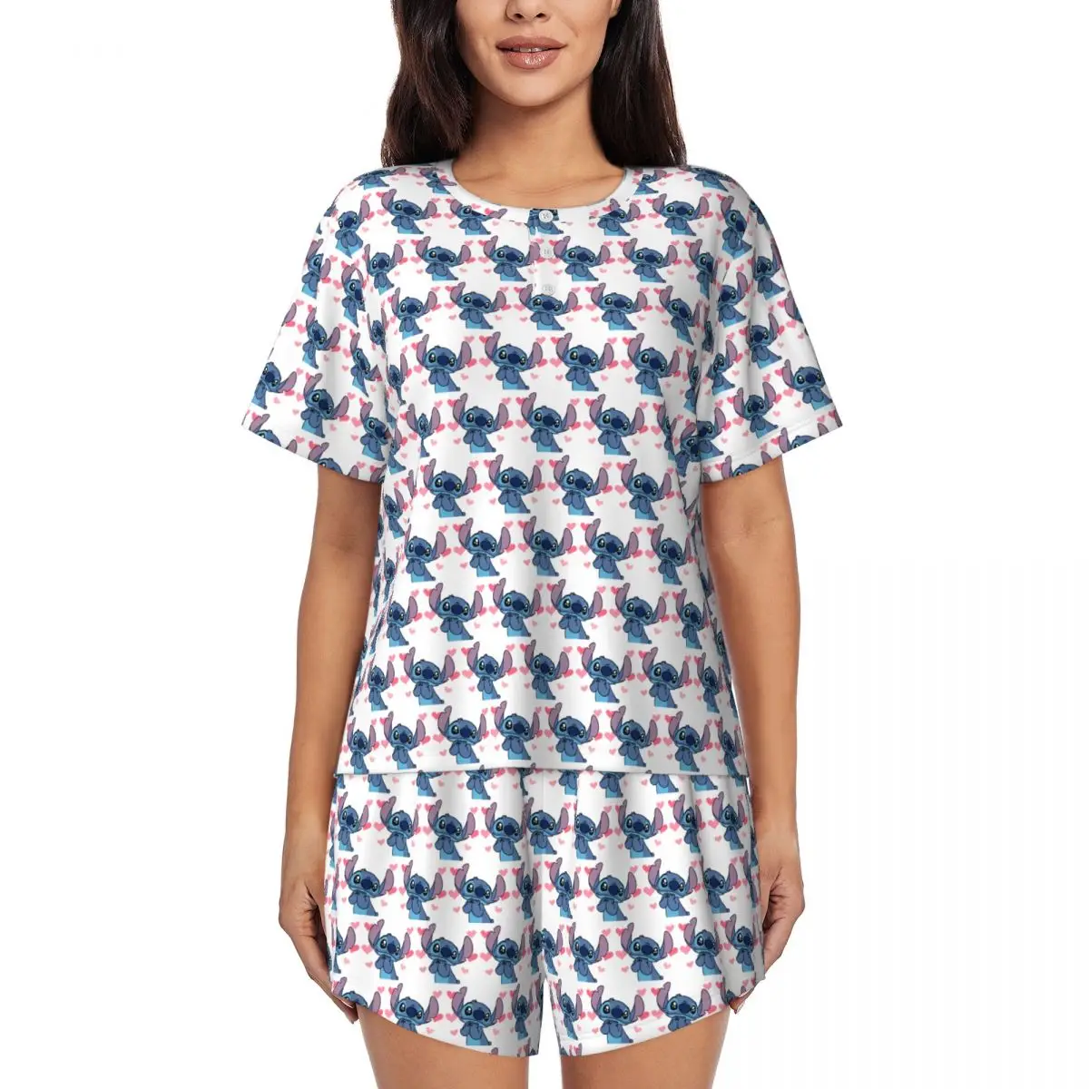 

Womens Cartoon Animation TV Stitch Pajamas Set Custom Print Short Sleeve Sleepwear Loungewear Pjs 2 Piece Sets