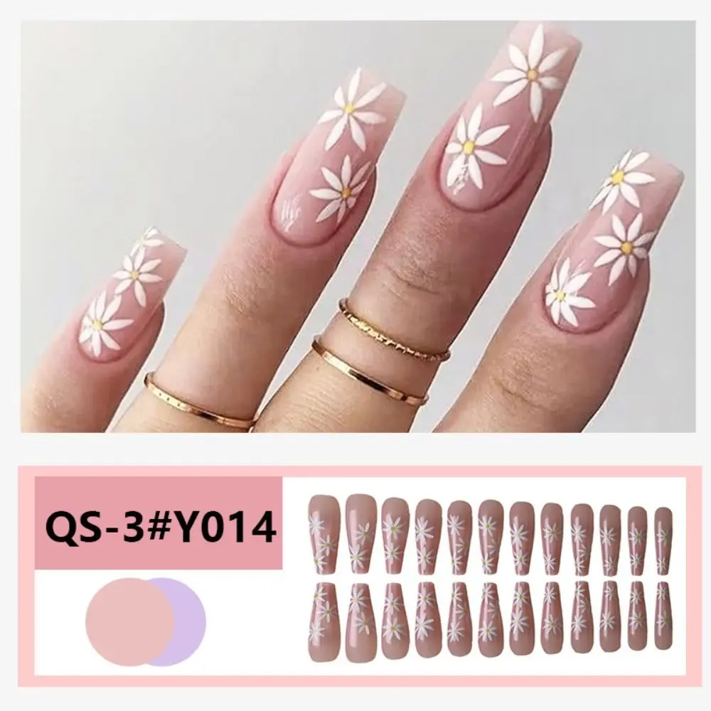 Fashion Long Ballerina False Nails White Chrysanthemum French Nail Tips Full Cover Detachable Press on Nails Women Girls