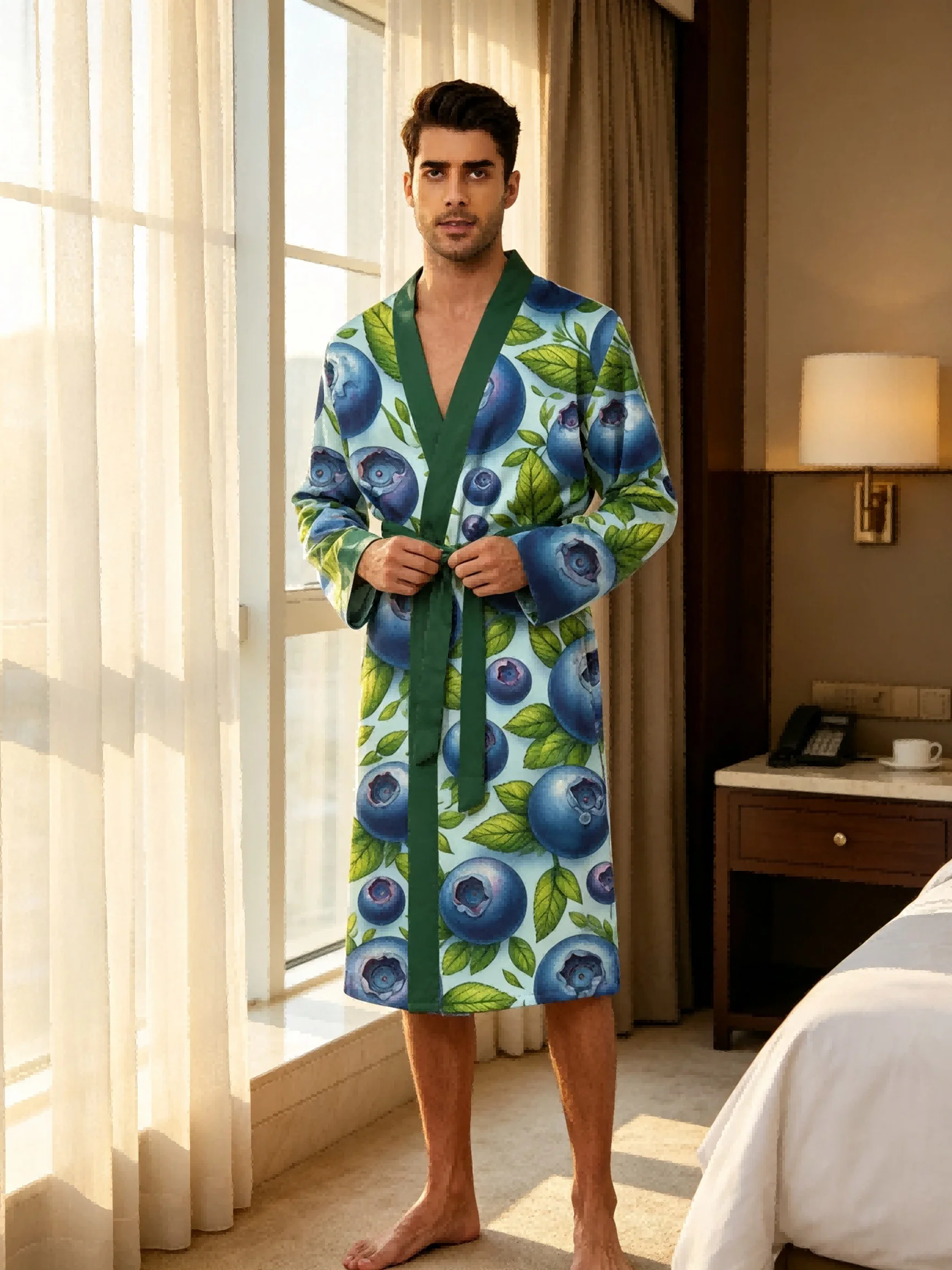 Men's lightweight quick-drying pajama bathrobe - 3D digital printing, non-fading design, stand-up collar and adjustable waistban