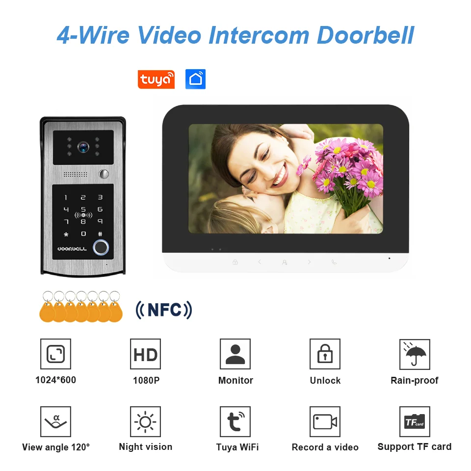 7 Inch WIFI Video Intercom System Doorbell Camera Tuya Smart Home Door Phone ID Card/Password/NFC Unlock For Option