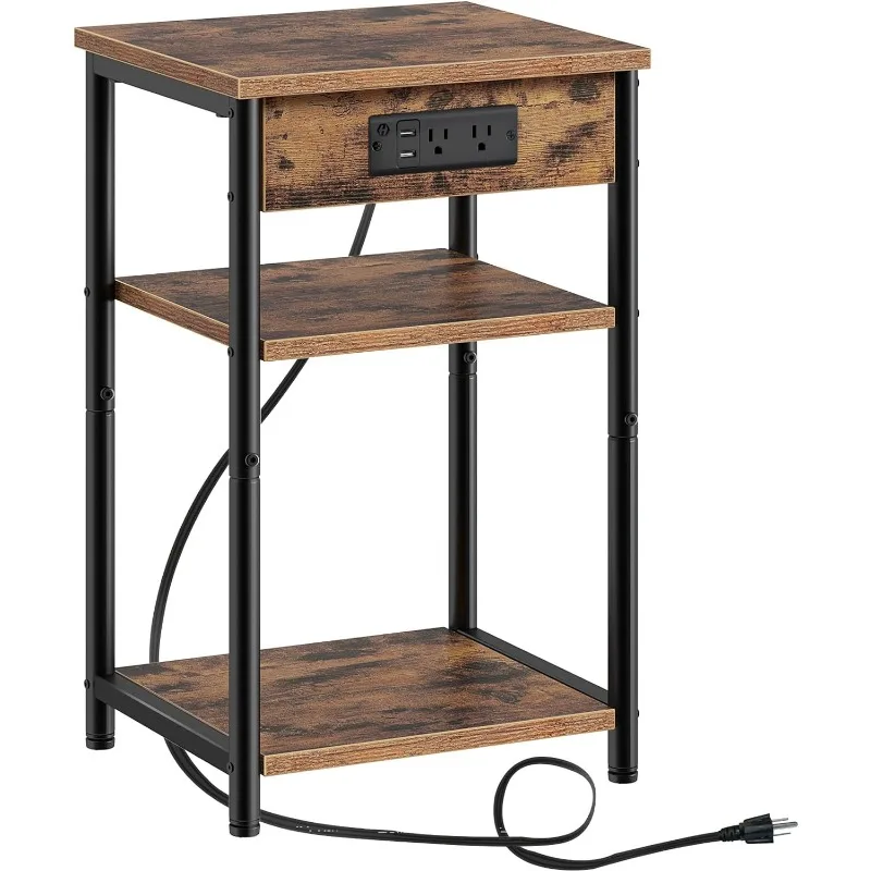 

End Table with Charging Station, Nightstand with 3 Storage Shelves, Narrow Side Table with USB Ports & Power Outlets