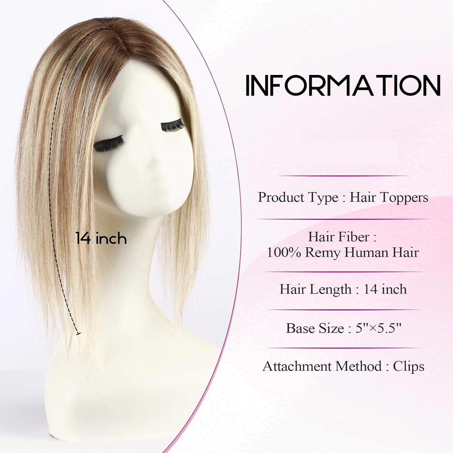 14 inch Mixed Blonde Human Hair Topper Middle Part Brown Highlight Hair Extensions 100% Remy Human Hair for Women with Thin Hair