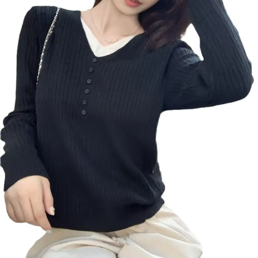

Women's Design V Neck Long-Sleeved Knitwear Fake Two-Piece Contrasting Color Loose Slimming Top Versatile Early Autumn New