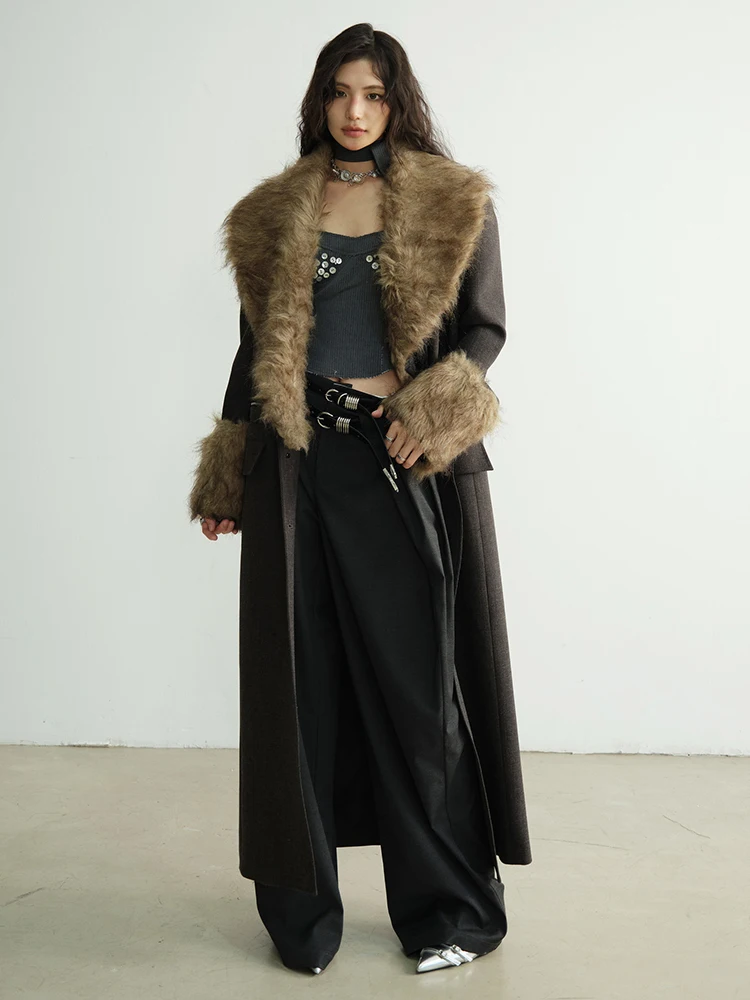 [EAM] Women Dark Gray Detachable Fur Collar Big Size Thick Long Blazer New Long Sleeve Jacket Fashion Autumn Winter 2025 1DH8271