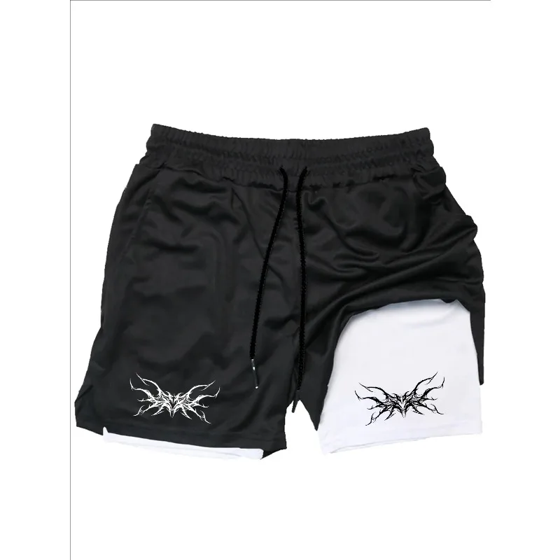 أنيمي رجل السراويل الرياضية 2 في 1 رياضة الركض الجري التدريب تنفس اللياقة البدنية طبقة مزدوجة المخفية جيب السراويل القصيرة