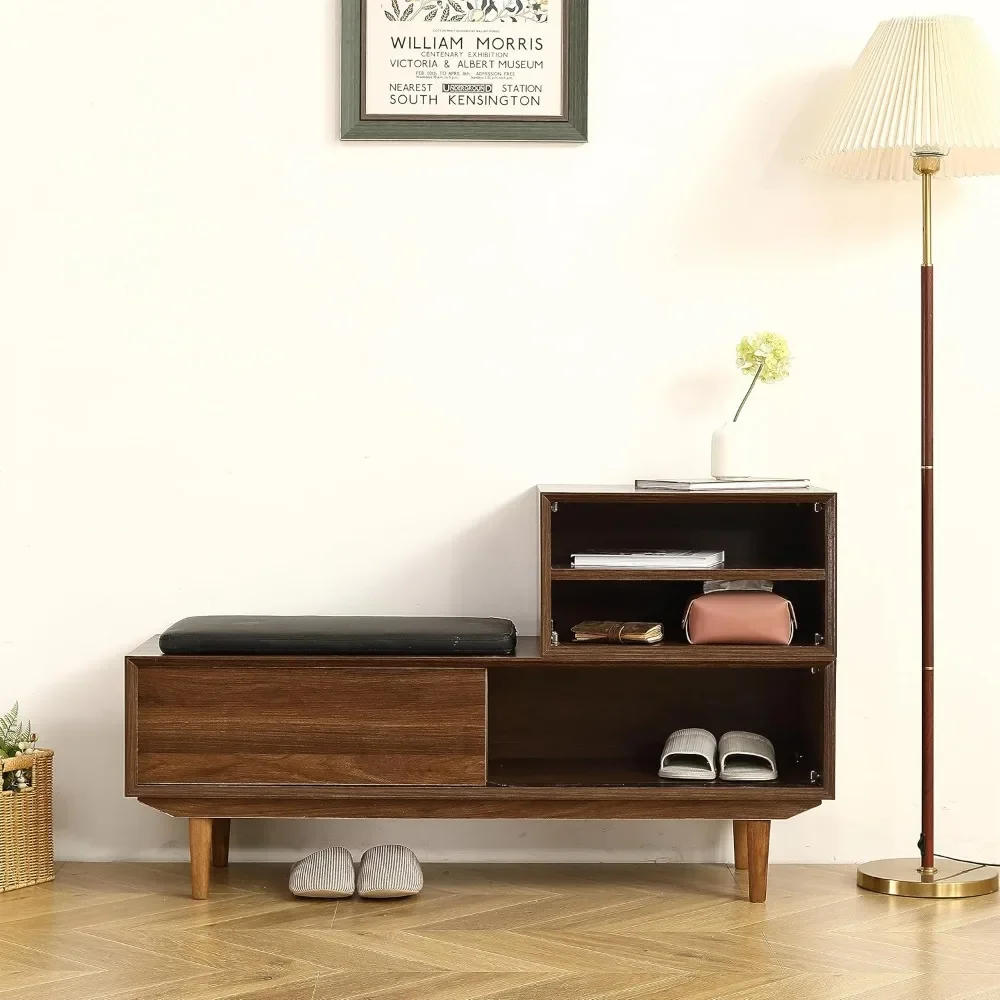 

Cushion Shoe Rack for Hallway & Bedroom - Walnut Shoe Storage Bench 47.24 Inch Modern Entryway Shoe Changing Cabinet