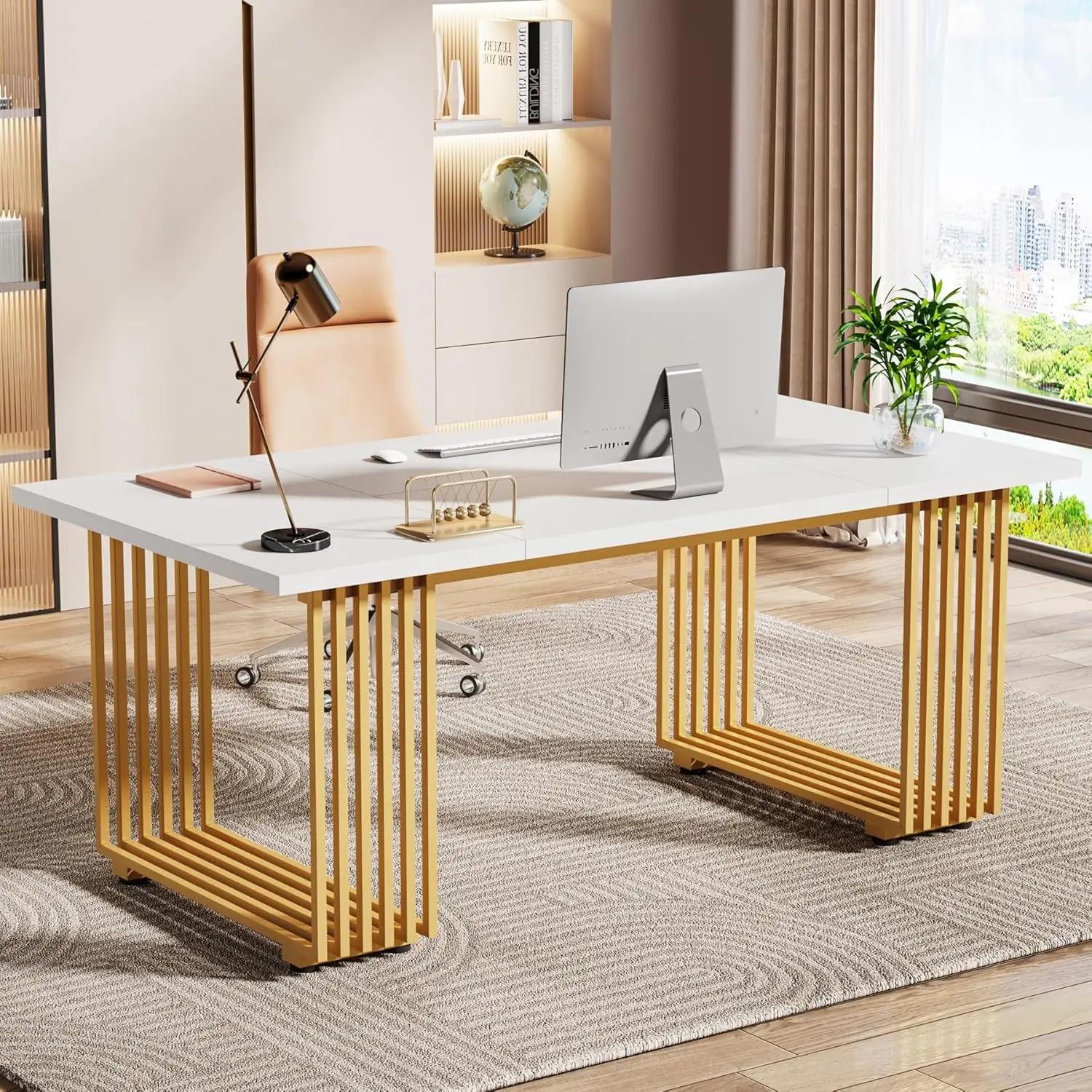 

70.9" Modern Office Desk, Wooden Computer Desk, White Executive Desk with Gold Metal Legs