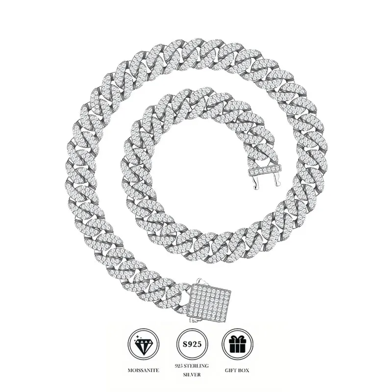 Diamond-Encrusted Rhombus Cuban Link Silver Necklace Unisex Hip Hop Trendy Jewelry Cross-Border Popularity