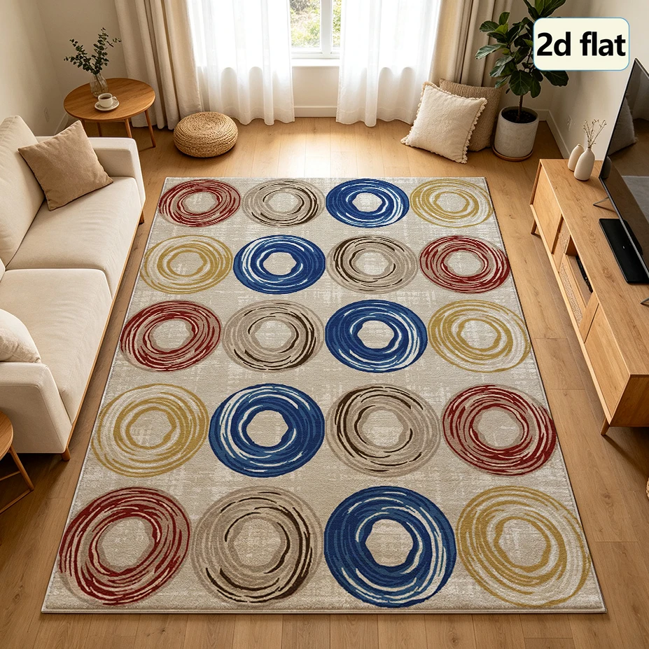 Mid-Century Multi-Color Swirl Ring Carpet Flooring, Vintage Abstract Circle Geometric Area Rug Non-Slip Floor Mat for Living Room Bedroom Home Decor