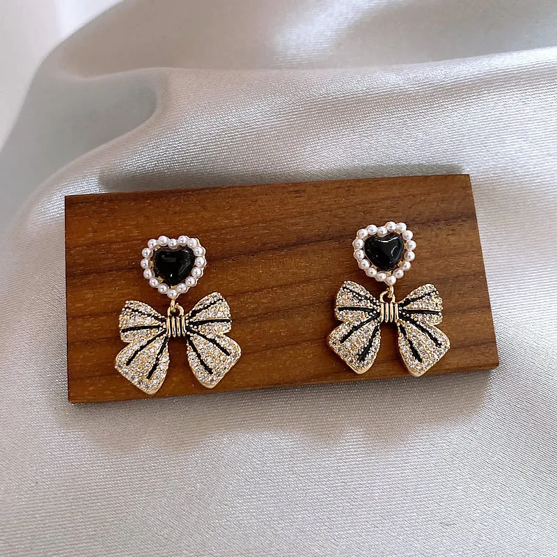 Elegant Fashion Crystal Pearl Sweet Heart Bow Earrings for Women Temperament Wedding Party Drop Earring Anniversary Gift Jewelry