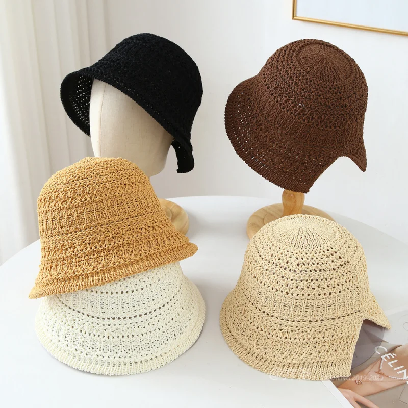 

Women's Hollowed-Out Breathable Bucket Hat with Rolled Brim Solid Color Spring-Summer Face-Slimming Fisherman Hat