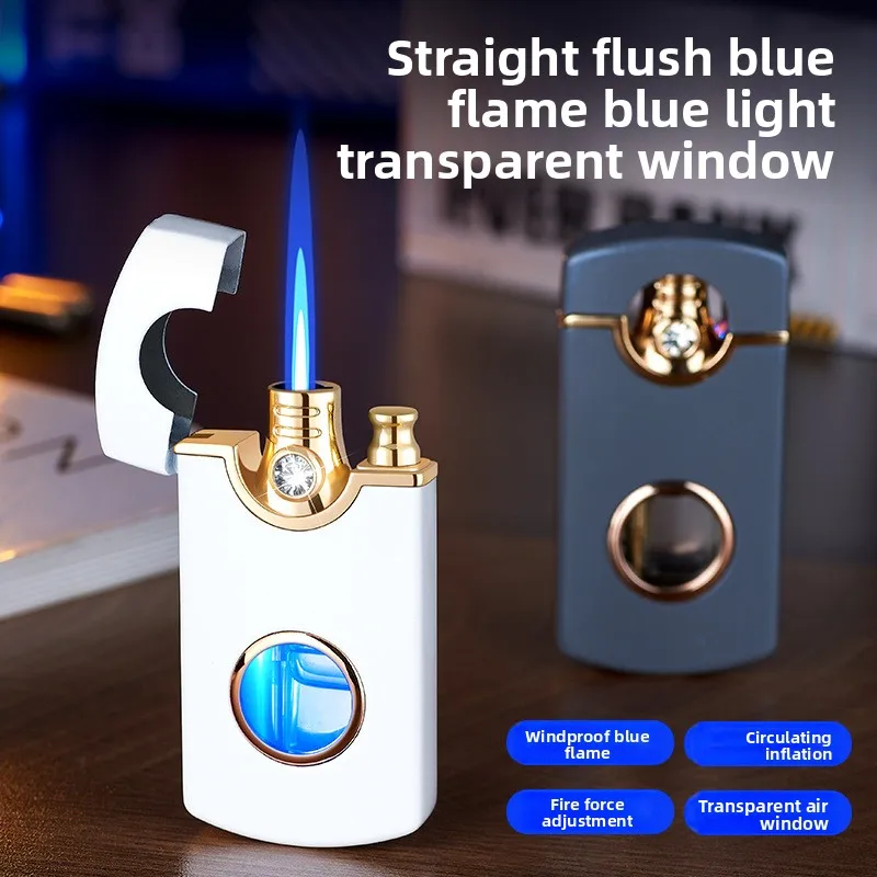 

Blue Flame Diamond Transparent Window Windproof Lighter with Cool LED Light