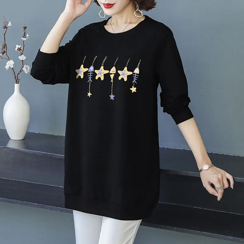 Women Autumn Winter Korean Fashion 2022 Long Sleeve Round Neck All-match Pullover Female Clothes Print Casual Loose Tunic Tops