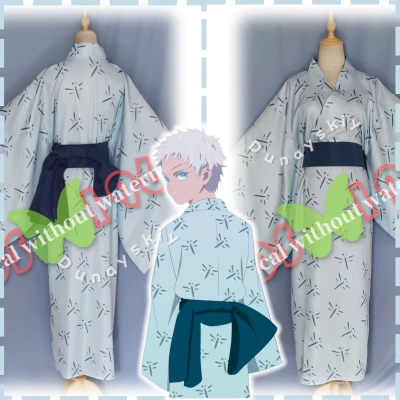 Kimono Tradicional Japonés Hecho a Medida por Fans de JJK, Disfraz de Cosplay de Satoru Gojo de la Infancia, Tallas Unisex (S-XL), Diseño de Libélula