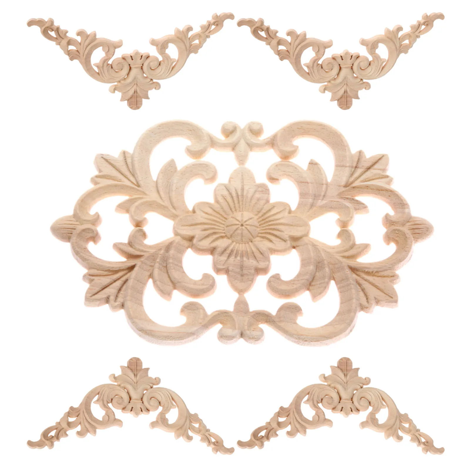 5 pçs 2 tamanho flor apliques de madeira onlay kit móveis madeira esculpida onlay cama porta armário escultura em madeira apliques de canto decorativo