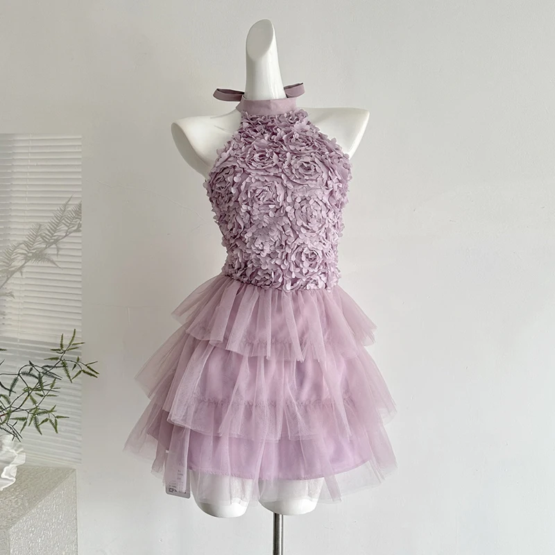 

Fashion Sexy Purple Dress for Women 2026 New Summer High Waist Halter Zipper Mesh Mini Dress Evening Party Short Dress Female