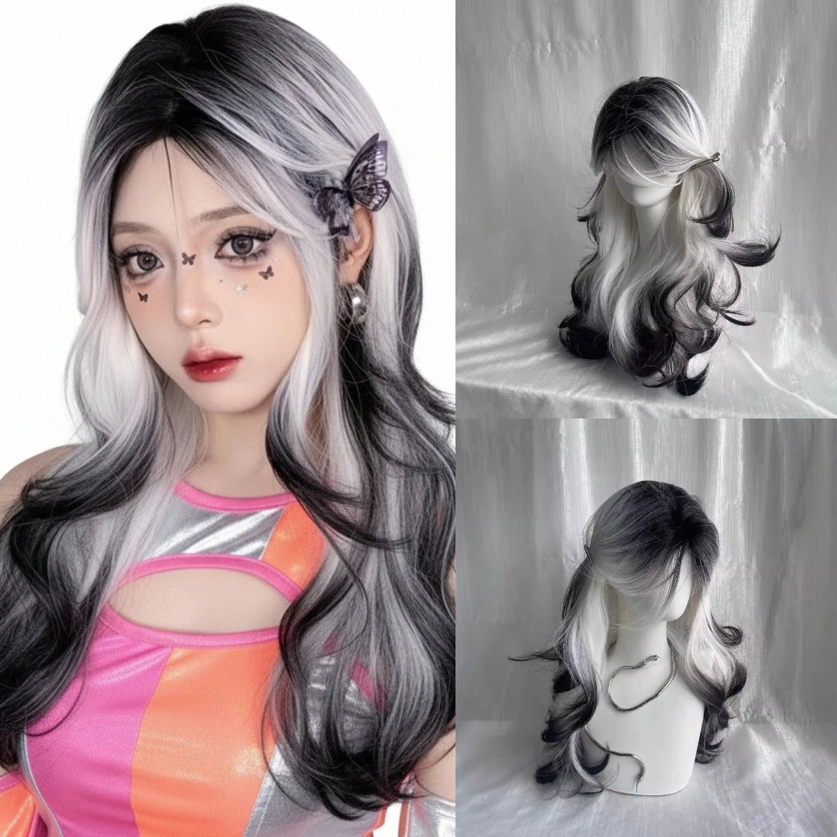 

Synthetic Long Gray-black Gradient Curly Wave Wigs For Woman Daily Cosplay Lolita Party Realistic Fake Hair Heat Resistant