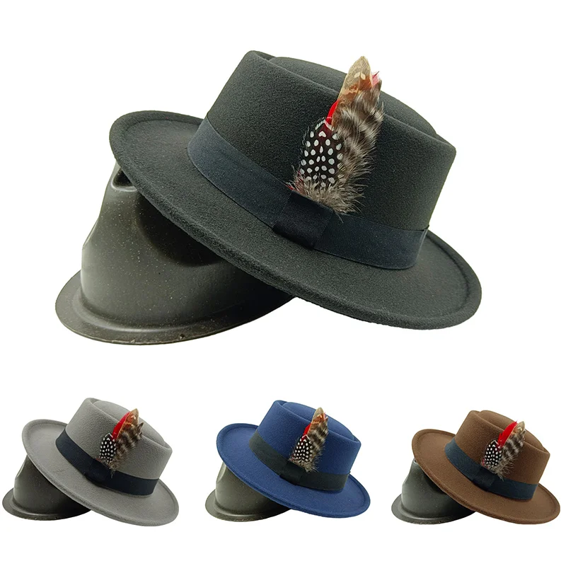 men fedoras jazz hats Porkpie hats Feather Flat Top hat vintage Business winter Panama fashion sombrero hombre chapeu masculino