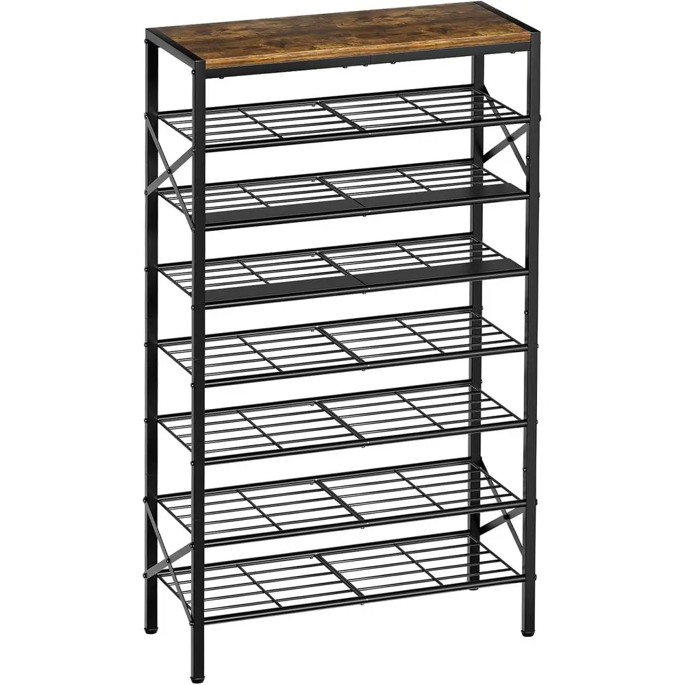 

8-Tier Metal Shoe Rack Organizer with Wooden Top Shelf for 24-32 Pairs Storage in Rustic Brown