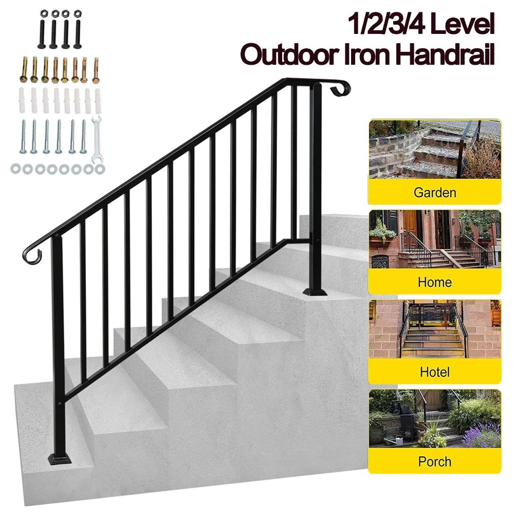 

1-4 Step Outdoor Iron Handrail Black Transitional Railing Handrail Heavy Duty Safety Staircase Handrails For Garage Porch Garden