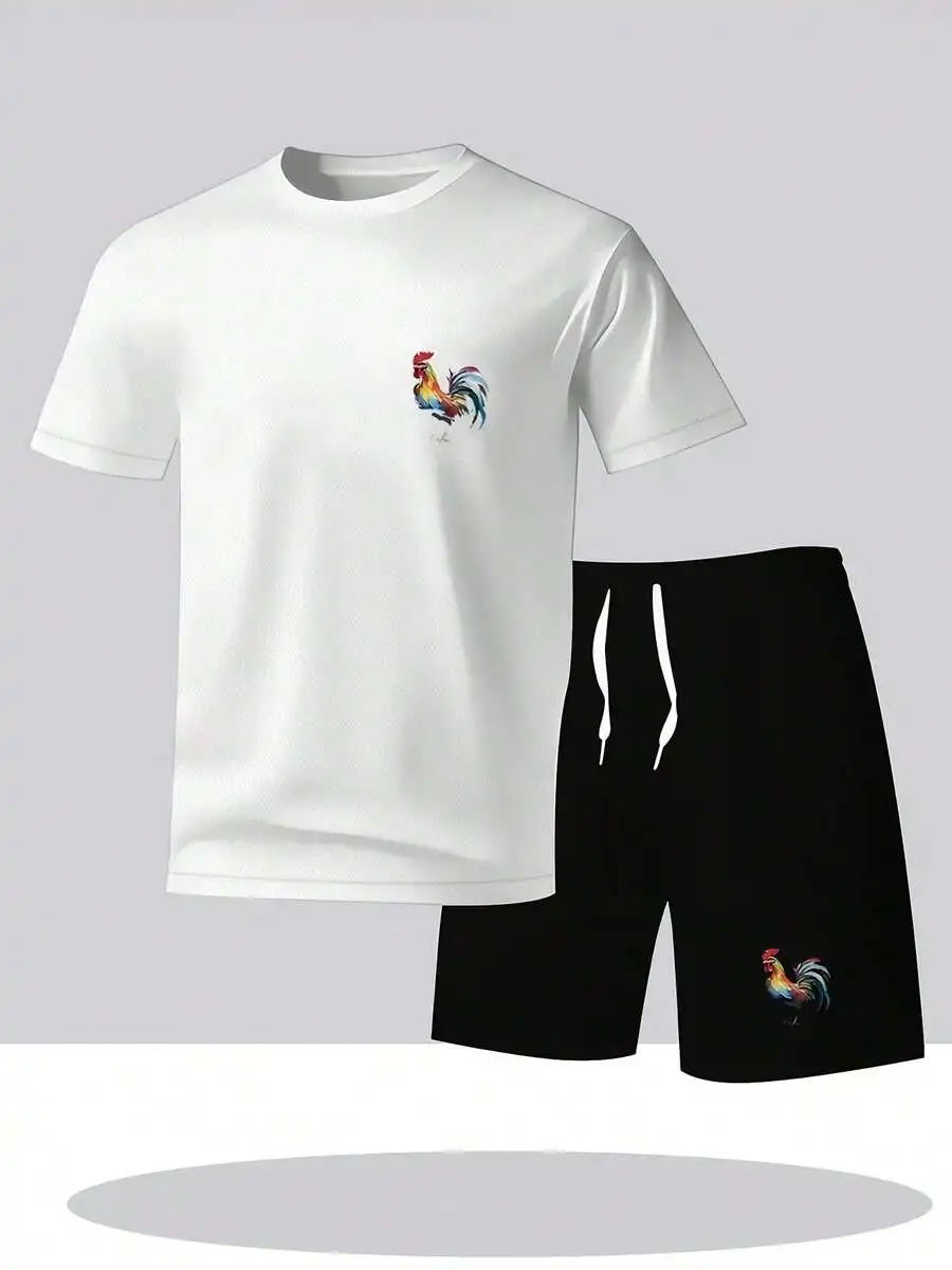 

Mens Casual Two Piece Set With Rooster Print - Lightweight Polyester T-Shirt And Shorts For Summer