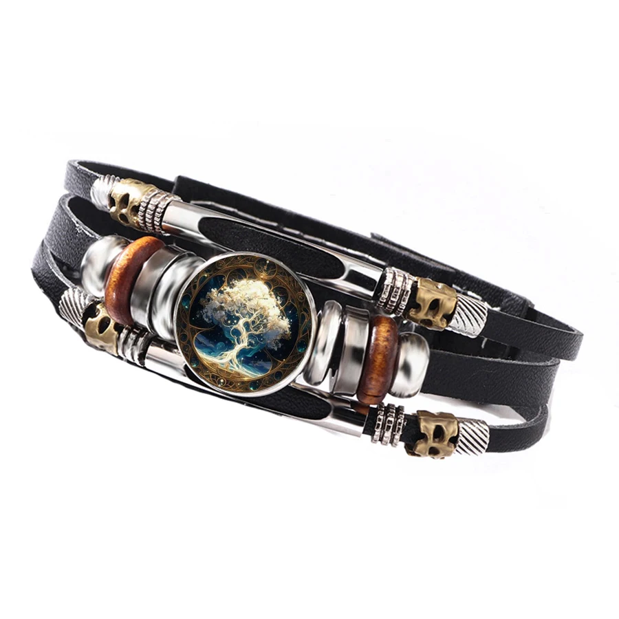 Vintage Blue Gold Tree of Life Round Bracelet Retro Stylish Cold Warm Color Matching Black Leather Wrist Jewelry for Men Women