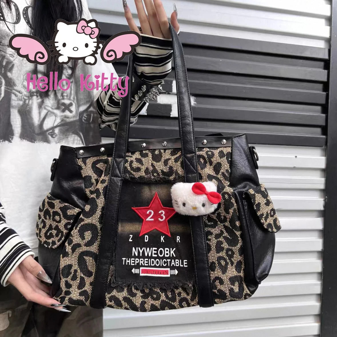 

Miniso Hello Kitty Kawaii сумка-тоут в стиле леопардового принта Высококачественная сумка через плечо с вышивкой пентаграммой большой вместимости с героями мультфильмов