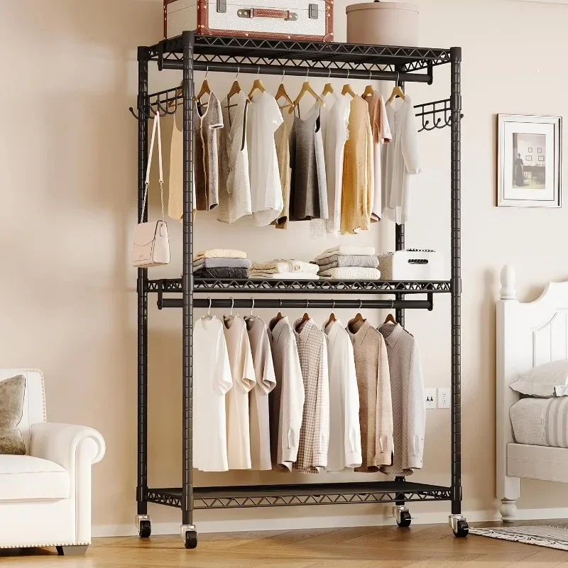 Heavy Duty Rolling Garment Rack with Adjustable Wire Shelving, 3 Tiers Clothes Rack with Double Rods and Side Hooks