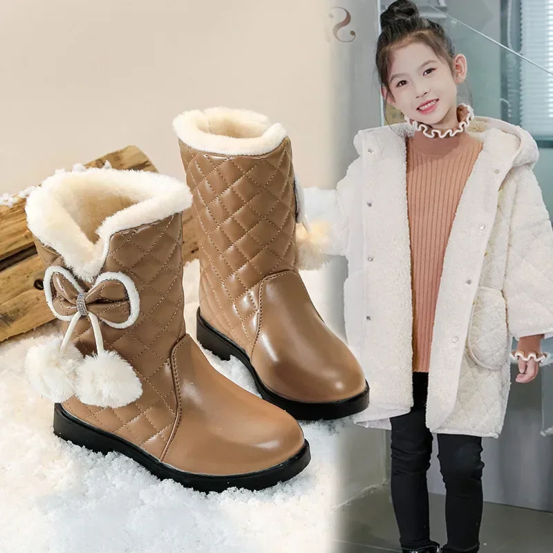 Girls Warm Boots with Bow Kids Snow Boots with Fur Plush 2024 Winter New Fashion Children Princess Boots Waterproof Platform