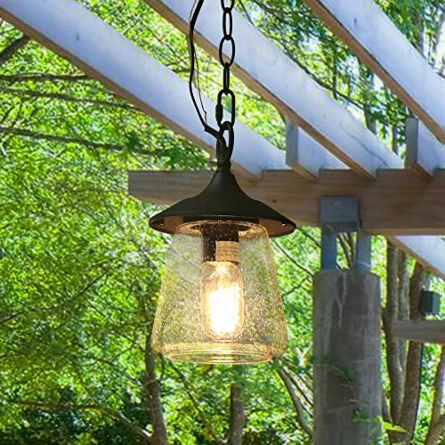 Outdoor Pendant Lights, Porch Fixture in Painted Black Metal with Clear Bubbled Glass Globe, Hanging Lantern Lamp for Gazebo, E