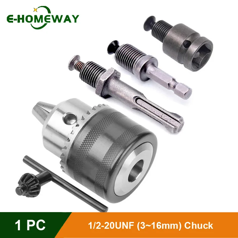 

3-16mm 3-Jaw Drill Chuck Converter 1/2"-20UNF Thread Quick Change Adapter SDS-Plus Shank 1/4" Hex Impact Driver Key