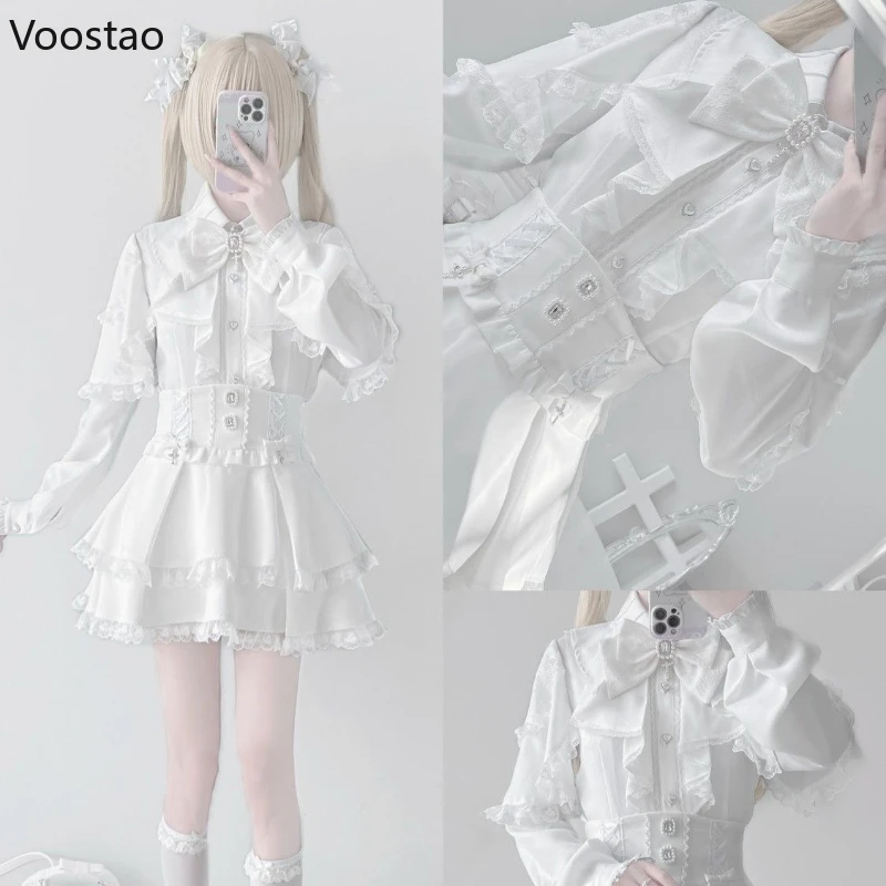 Japanse Gothic Lolita Stijl Rok Set Vrouwen Y2k Esthetische Kant Sjaal Boog Shirt Tops Ruches Mini Rok Herfst Zoete Lolita Pak