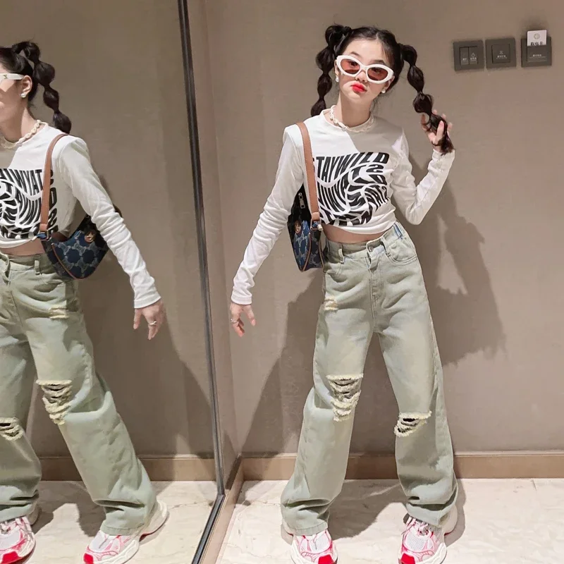 

Spring and Autumn Teen Girls Clothing Sets Children Fashion Casual Letter Tops + Ripped Jeans Pants 2Pcs Outfits Kids Tracksuit