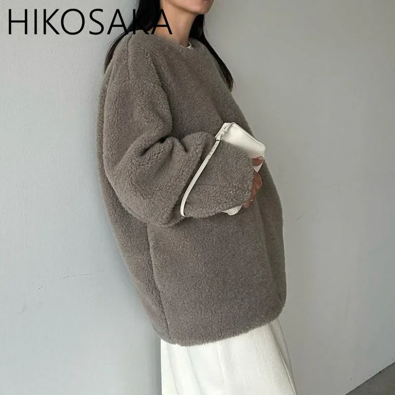 

Autumn Winter Japanese Warm Lamb Wool Coats O-neck Long Sleeve Loose Pullover Top 2024 New Chic All-match Outwears Female