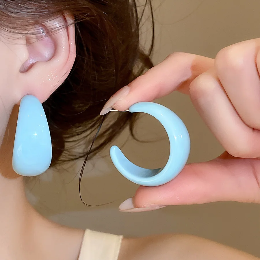 

Light Blue Chunky Resin Hoop Earrings for Women Girls Minimalist Wide C Shaped Ear Buckles Fashion Jewelry Daily Party Summer