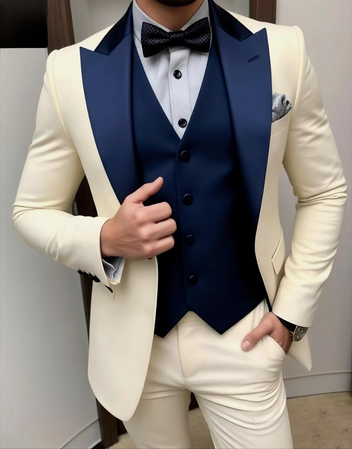 Men's Ivory Tuxedo  Blue Vest Slim Fit Party Wear Grooms Suits