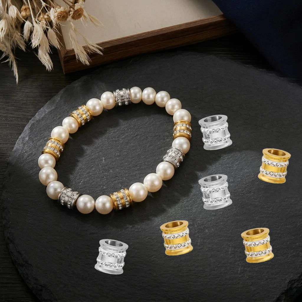 2 Stück Edelstahl-Zirkon-Taillenperlen mit großem Loch, lose Spacer-Perlen für DIY-Armbänder, Halsketten und Schmuckherstellungszubehör – Detail 2