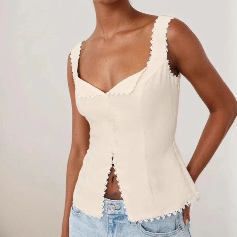 

2025 Women's Vintage Cotton Hemp Lace Splice Fashion Buckle Strap Solid Sleeveless Vest Top