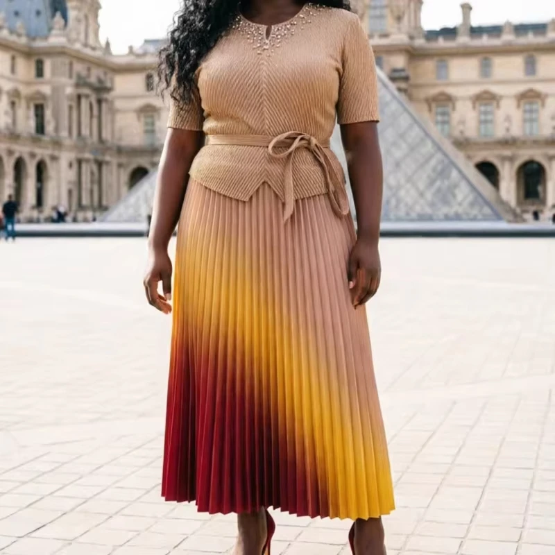 ANLAN Belted Coffee Gradation Pleated Dress V-Neck Short Sleeve Beaded Waist Pullover Dresses 2026 New Elegant Women's Clothing