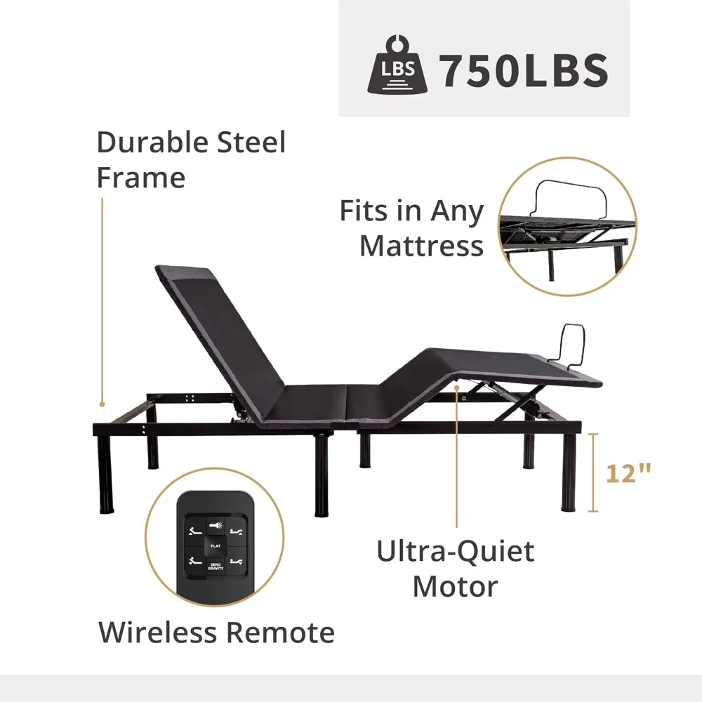 Twin XL Size Adjustable Bed Base Frame with Wireless Remote + 14 Inch Gel Memory Foam Mattress, Head and Foot Incline