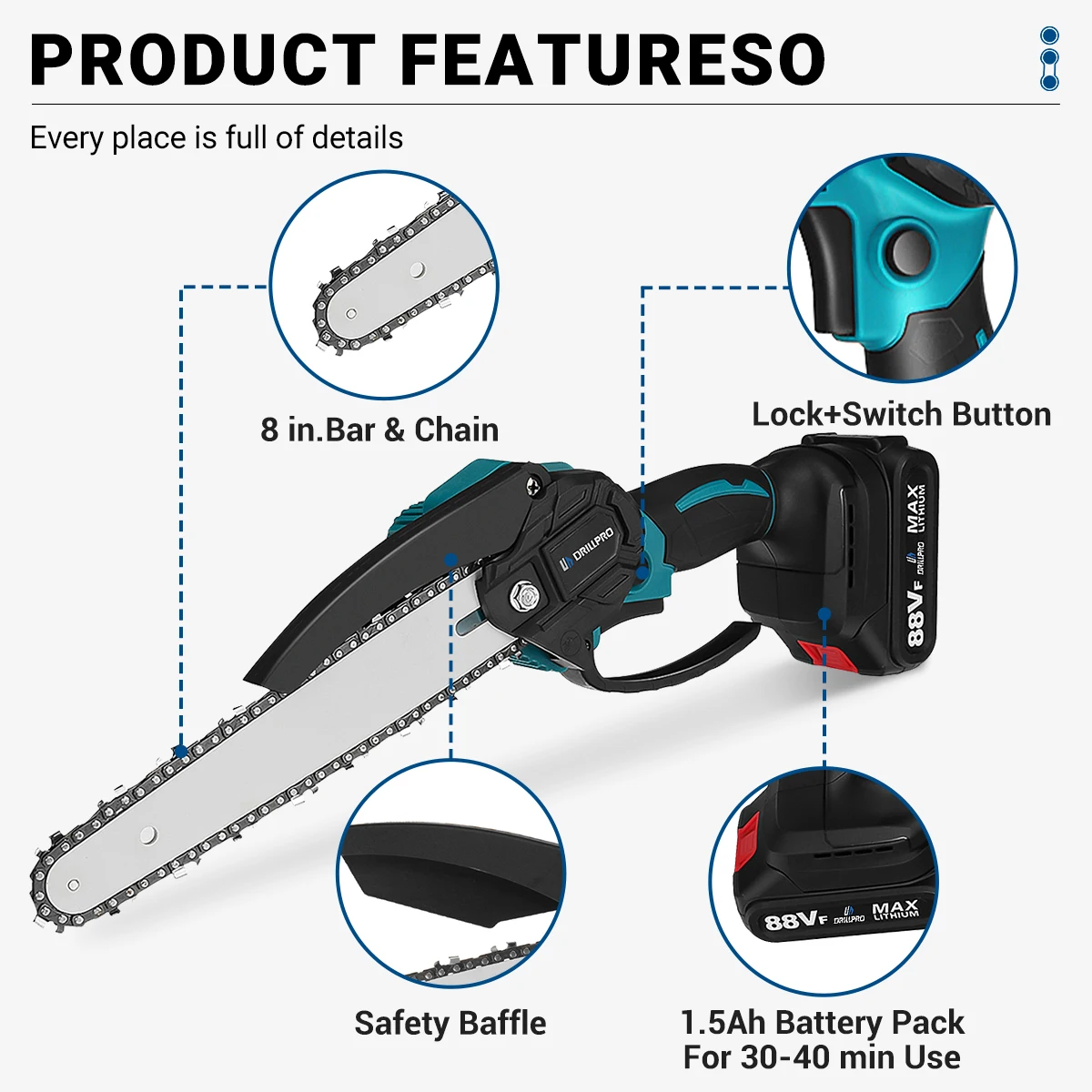 Drillpro 8 Inch Brushless Chain Saw Mini Handheld Pruning Chainsaw Woodworking Electric Saw Cutting Power Tool forMakita Battery