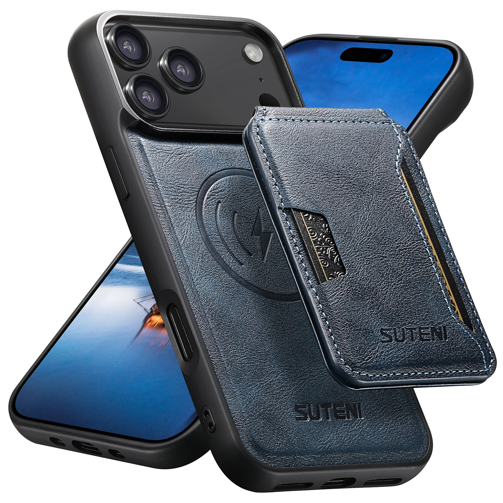 SUTENI Magnet Wireless Charging Luxury Faux Leather Phone Case Card Holder Stand For iPhone 17 Pro Max 16 Plus 15 14 13 12