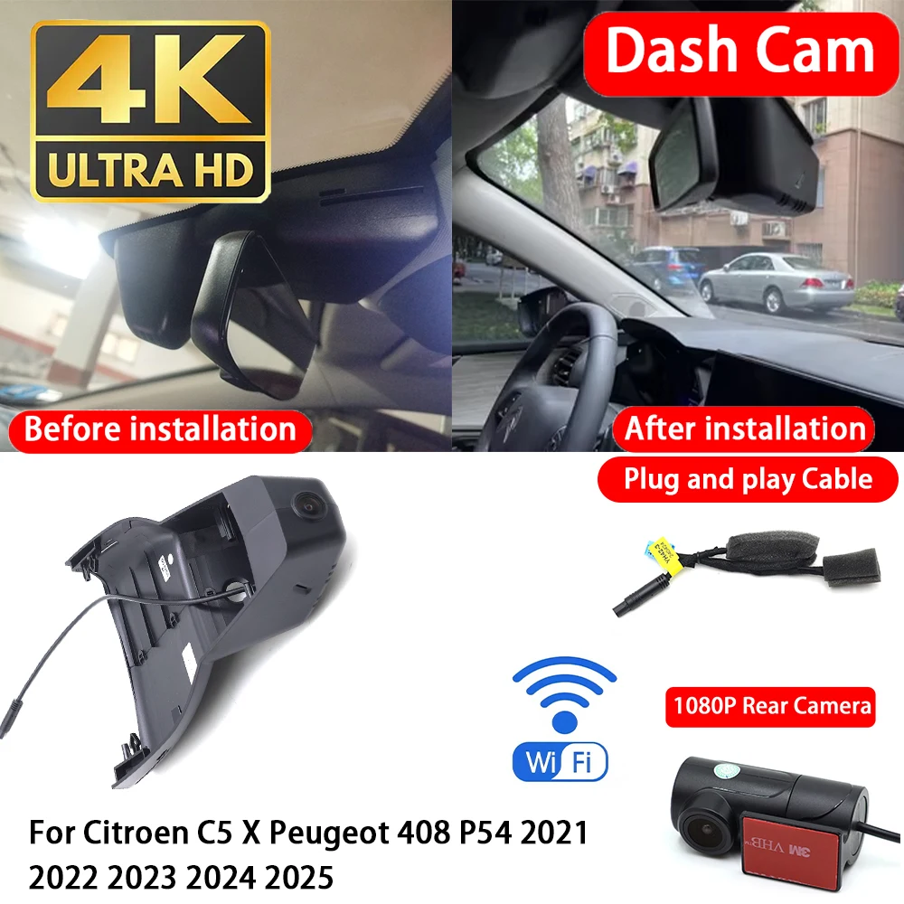 Cámara para Auto 4K con Wifi, Plug & Play, Grabador de Video Delantero y Trasero para Citroen C5 X Peugeot 408 P54 2021 2022 2023 2024 2025