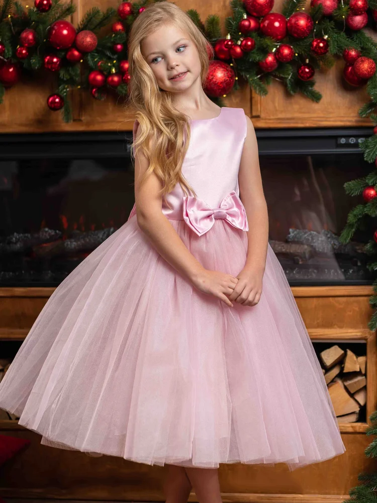 Pink Flower Girl Dresses Satin Tulle With Bow Sleeveless For Wedding Birthday Party Banquet Princess Gowns