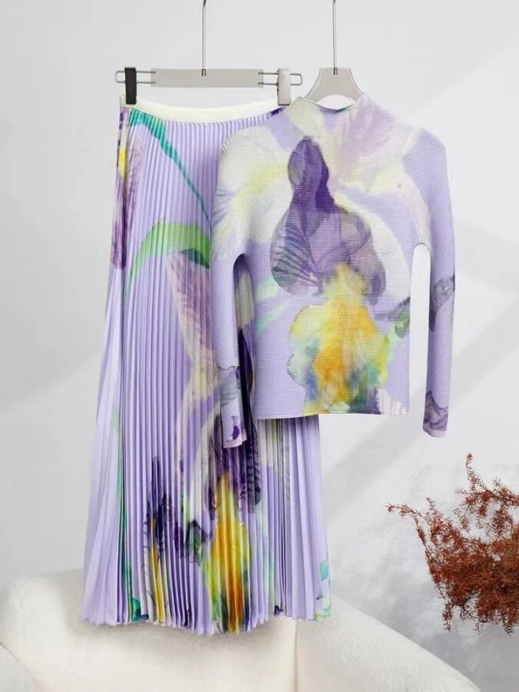 Miyake Runway Two Piece Set Women Flower Print High Stretchy Pullovers Top + Pleated Midi Skirts Suit Autumn Winter Outfit