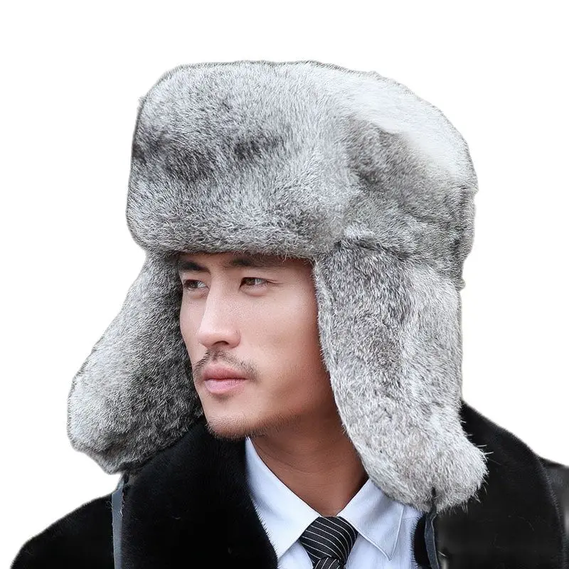 Thick Warm Bomber Hat Men Real Rabbit Fur Earflap Trapper Russian Cap Male Plus Size Winter Hats for Men Ski Russian Hat