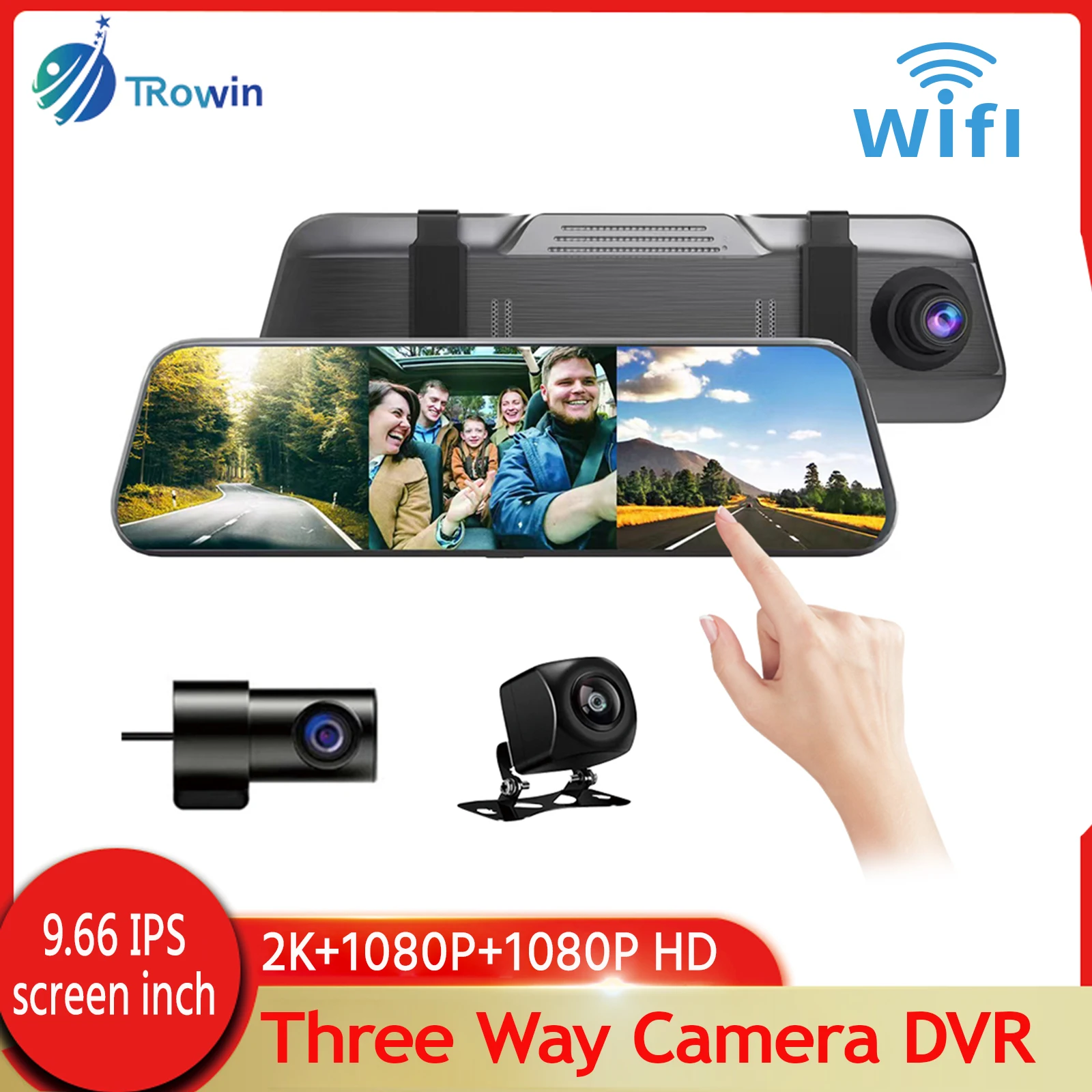 

3Channel WiFi Dash Cam Car Mirror Dvr HD 2K Touch Screen Dash board Camera Front Inside Rear 170 Degree Wide Angle Reverse Image